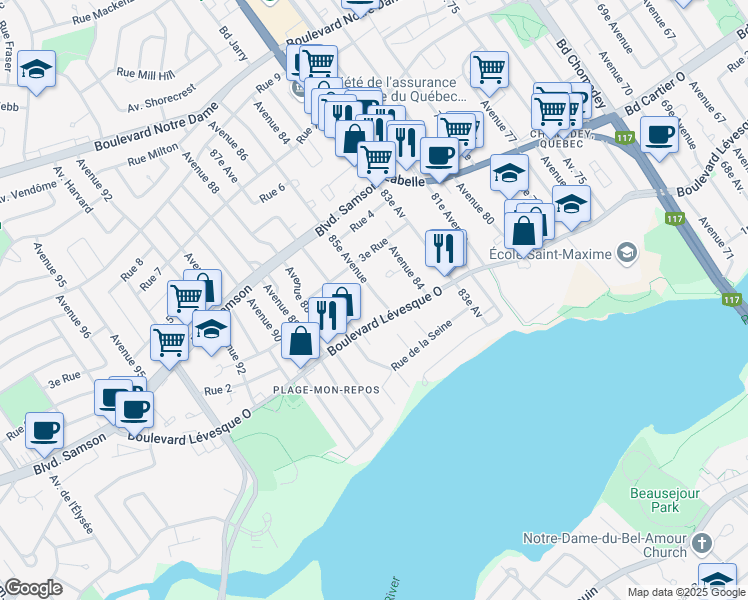 map of restaurants, bars, coffee shops, grocery stores, and more near 260 85e Avenue in Laval
