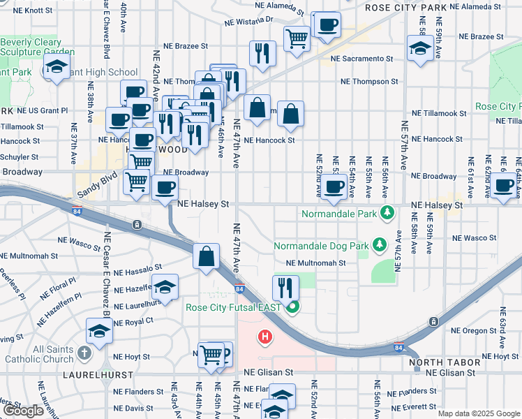 map of restaurants, bars, coffee shops, grocery stores, and more near 1515 Northeast 49th Avenue in Portland