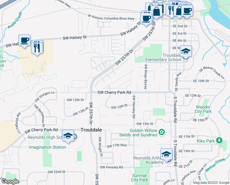 map of restaurants, bars, coffee shops, grocery stores, and more near 1201 Southwest Cherry Park Road in Troutdale