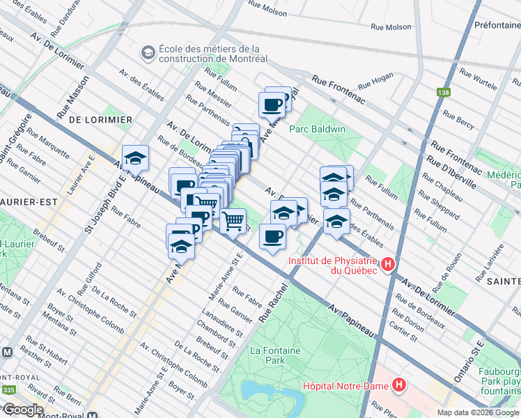 map of restaurants, bars, coffee shops, grocery stores, and more near 4360 Rue de Bordeaux in Montréal