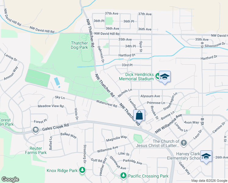 map of restaurants, bars, coffee shops, grocery stores, and more near 3158 Oakcrest Drive in Forest Grove