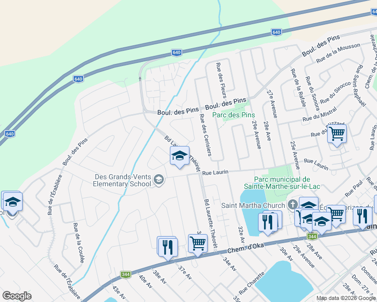 map of restaurants, bars, coffee shops, grocery stores, and more near 373 Boulevard Laurette-Théorêt in Sainte-Marthe-sur-le-Lac