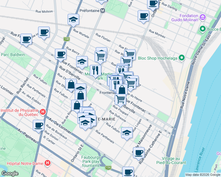 map of restaurants, bars, coffee shops, grocery stores, and more near 2055 Rue Frontenac in Montrã©Al
