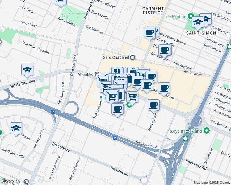 map of restaurants, bars, coffee shops, grocery stores, and more near 9422 Boulevard de l'Acadie in Montréal