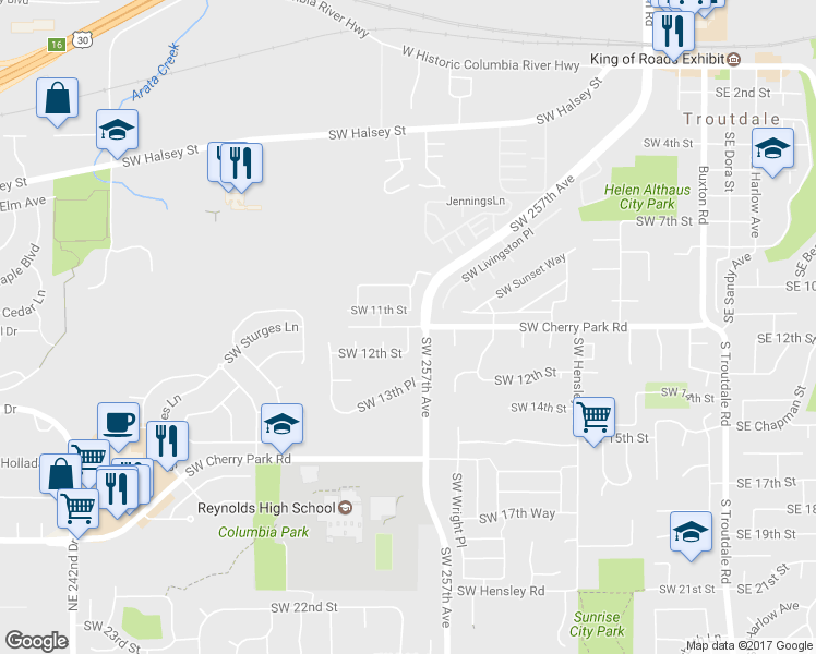 map of restaurants, bars, coffee shops, grocery stores, and more near 1601 Southwest Sturges Drive in Troutdale