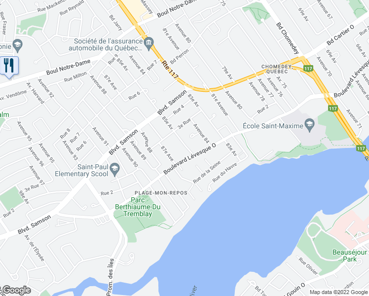 map of restaurants, bars, coffee shops, grocery stores, and more near 260 85e Avenue in Laval