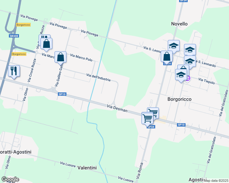 map of restaurants, bars, coffee shops, grocery stores, and more near 3a Via dell'Industria in Borgoricco