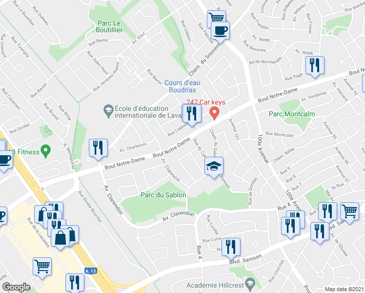 map of restaurants, bars, coffee shops, grocery stores, and more near 4944 Boulevard Notre-Dame in Laval