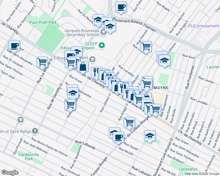 map of restaurants, bars, coffee shops, grocery stores, and more near 1103 Chemin de Chambly in Longueuil