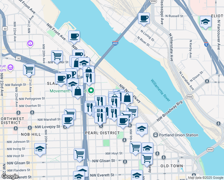 map of restaurants, bars, coffee shops, grocery stores, and more near 1150 Northwest Quimby Street in Portland