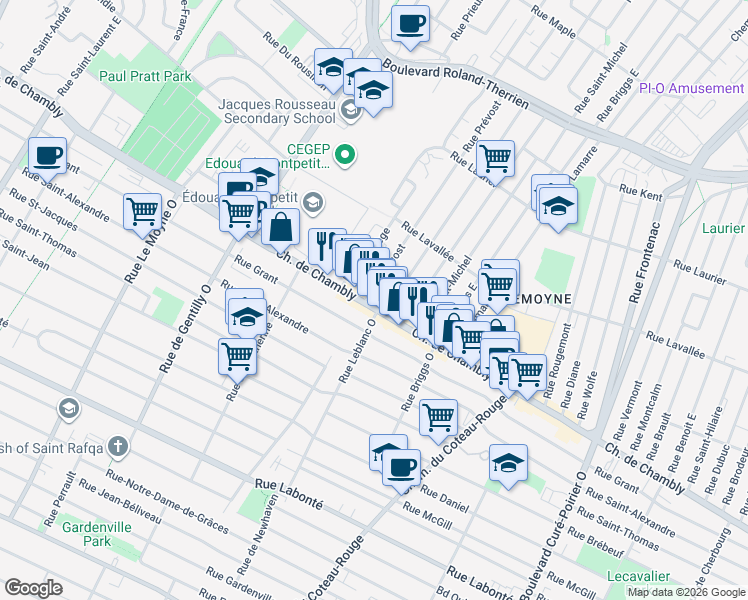 map of restaurants, bars, coffee shops, grocery stores, and more near 1103 Chemin de Chambly in Longueuil
