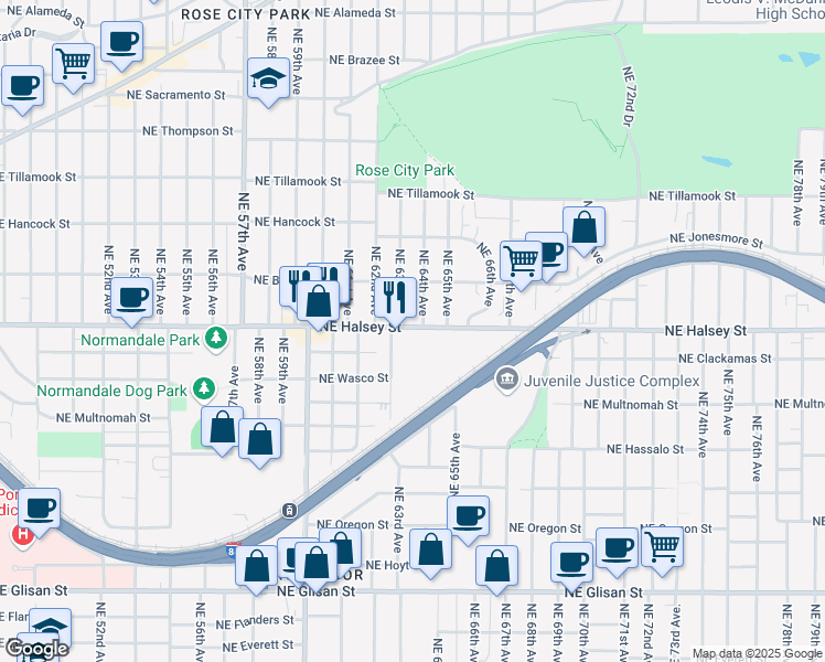 map of restaurants, bars, coffee shops, grocery stores, and more near 6322 Northeast Halsey Street in Portland