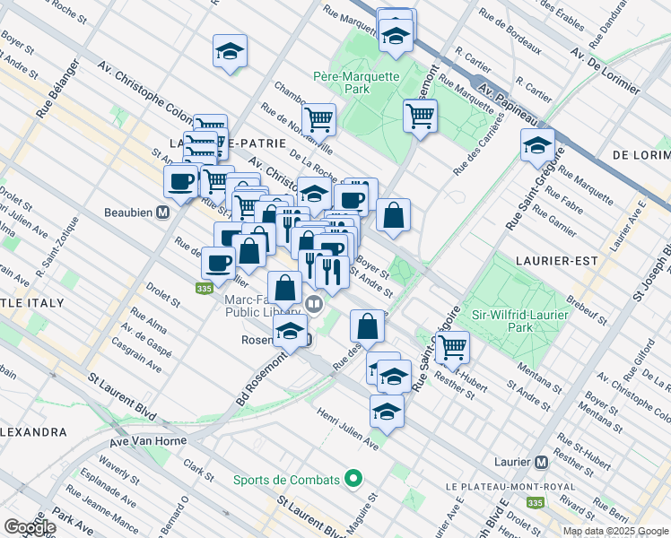 map of restaurants, bars, coffee shops, grocery stores, and more near 821 Boulevard Rosemont in Montréal