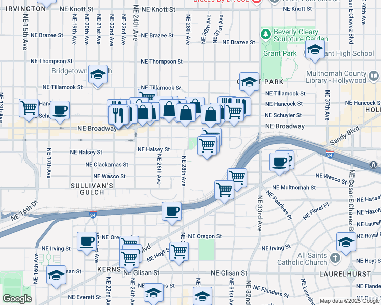 map of restaurants, bars, coffee shops, grocery stores, and more near 2789 Northeast Halsey Street in Portland