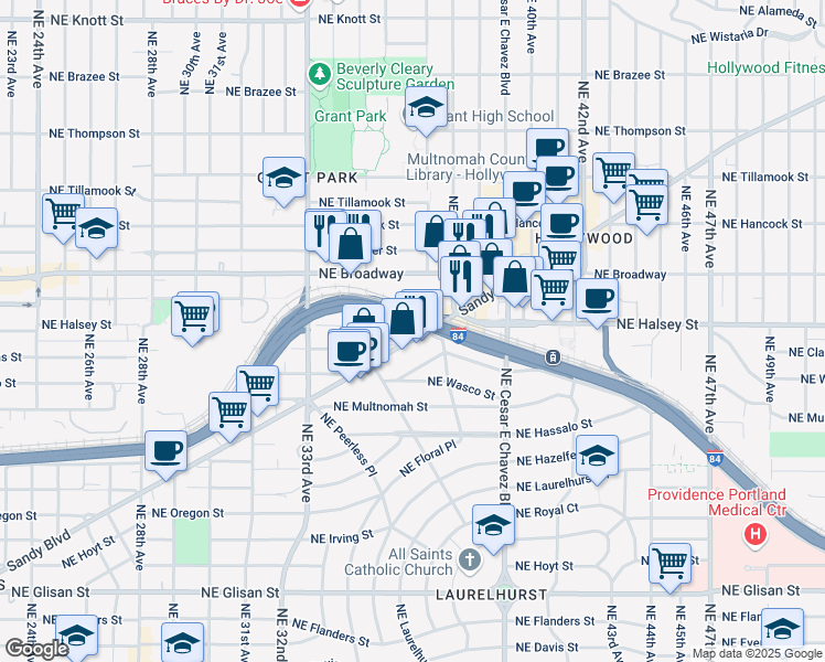 map of restaurants, bars, coffee shops, grocery stores, and more near 3637 Northeast Sandy Boulevard in Portland