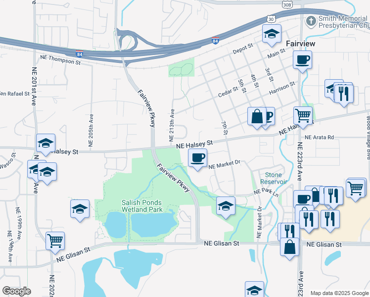 map of restaurants, bars, coffee shops, grocery stores, and more near 21318 Northeast Weidler Circle in Fairview