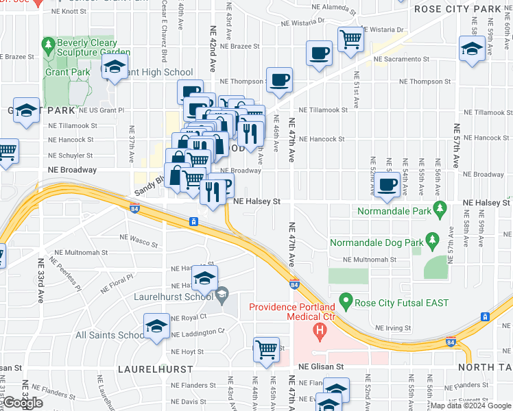 map of restaurants, bars, coffee shops, grocery stores, and more near 4353 Northeast Halsey Street in Portland