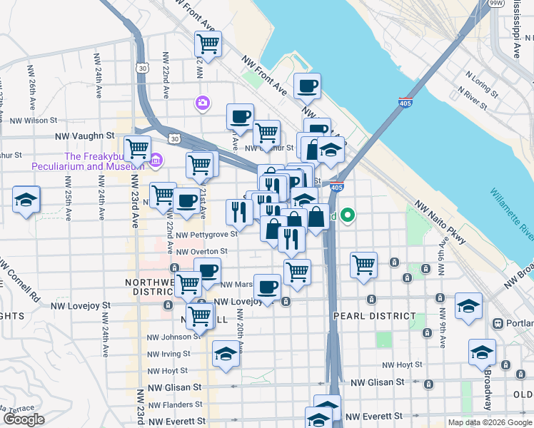 map of restaurants, bars, coffee shops, grocery stores, and more near in Portland