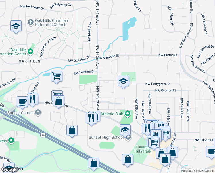 map of restaurants, bars, coffee shops, grocery stores, and more near 1936 Northwest 143rd Avenue in Portland