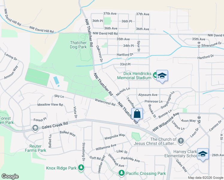 map of restaurants, bars, coffee shops, grocery stores, and more near 3158 Oakcrest Drive in Forest Grove