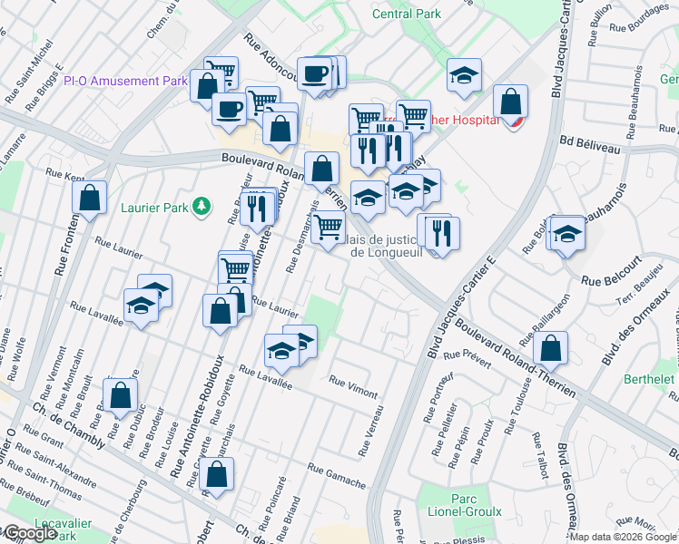 map of restaurants, bars, coffee shops, grocery stores, and more near 2430 Rue Bellerose in Longueuil