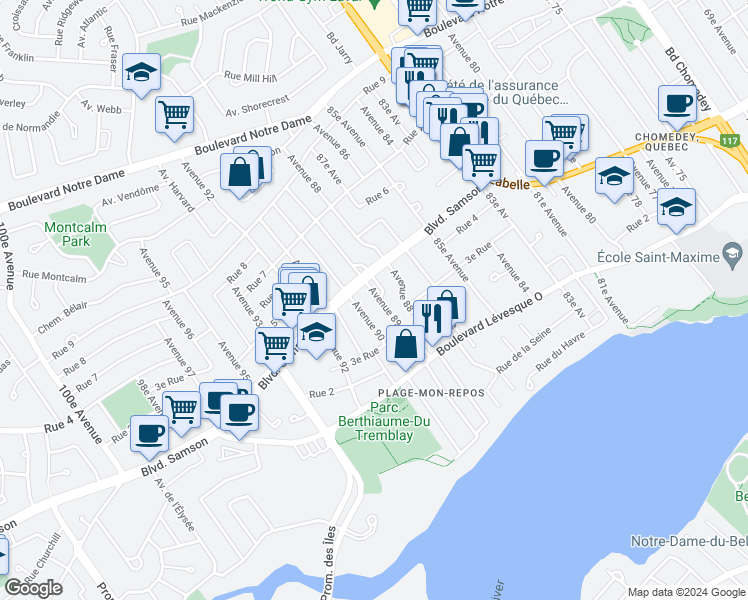 map of restaurants, bars, coffee shops, grocery stores, and more near 304 89e Av in Laval