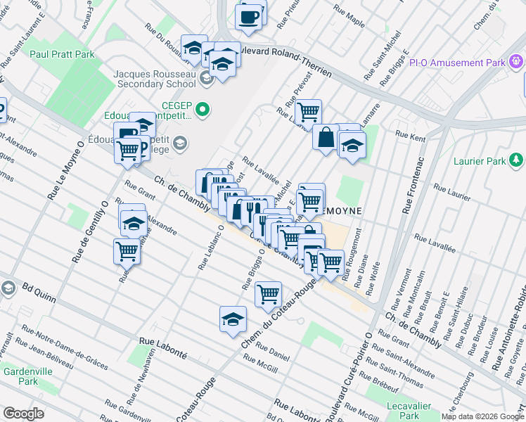 map of restaurants, bars, coffee shops, grocery stores, and more near 81 Rue Saint-Michel in Longueuil