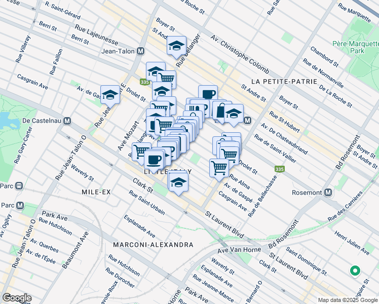 map of restaurants, bars, coffee shops, grocery stores, and more near 6684 Rue Alma in Montréal