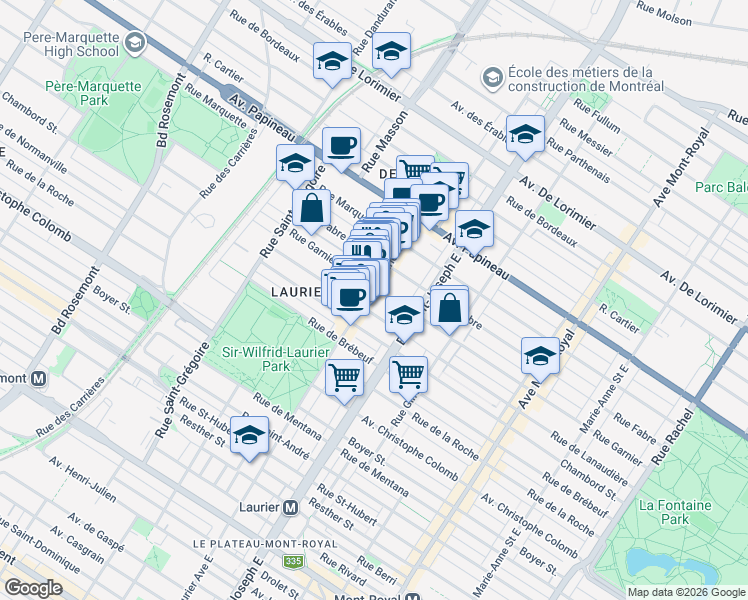 map of restaurants, bars, coffee shops, grocery stores, and more near 1394 Avenue Laurier Est in Montréal