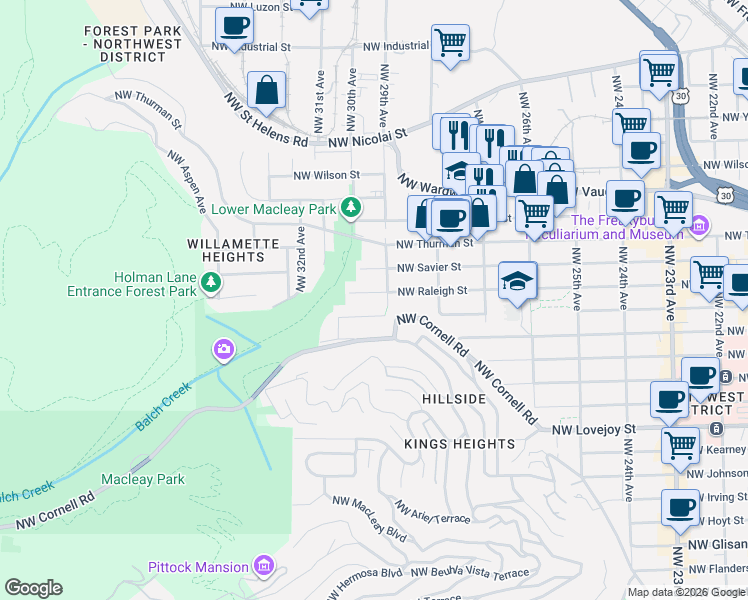 map of restaurants, bars, coffee shops, grocery stores, and more near 2926 Northwest Raleigh Street in Portland