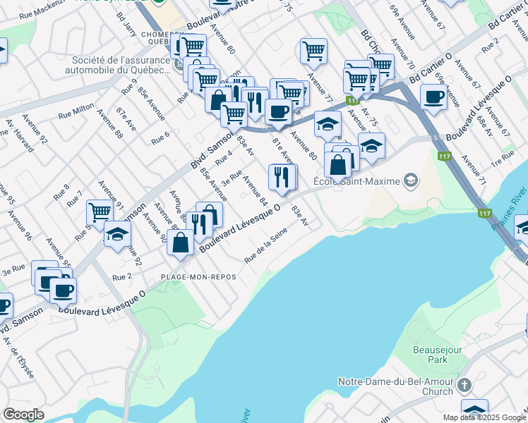 map of restaurants, bars, coffee shops, grocery stores, and more near in Laval