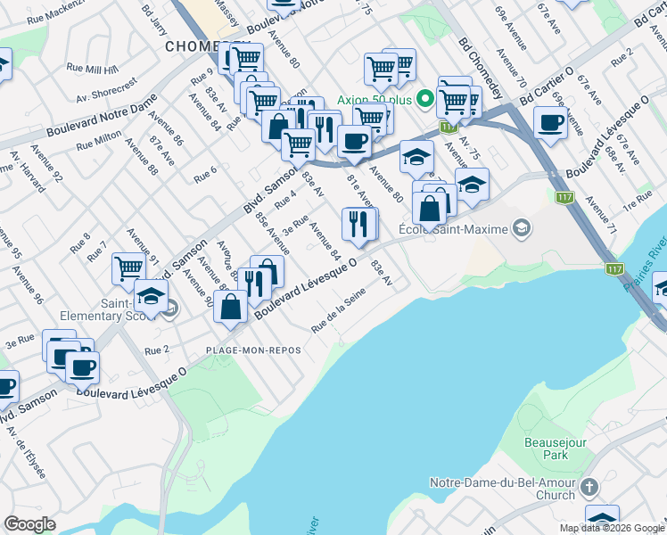 map of restaurants, bars, coffee shops, grocery stores, and more near 3971 Boulevard Lévesque Ouest in Laval