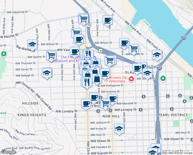 map of restaurants, bars, coffee shops, grocery stores, and more near 1535 Northwest 22nd Avenue in Portland