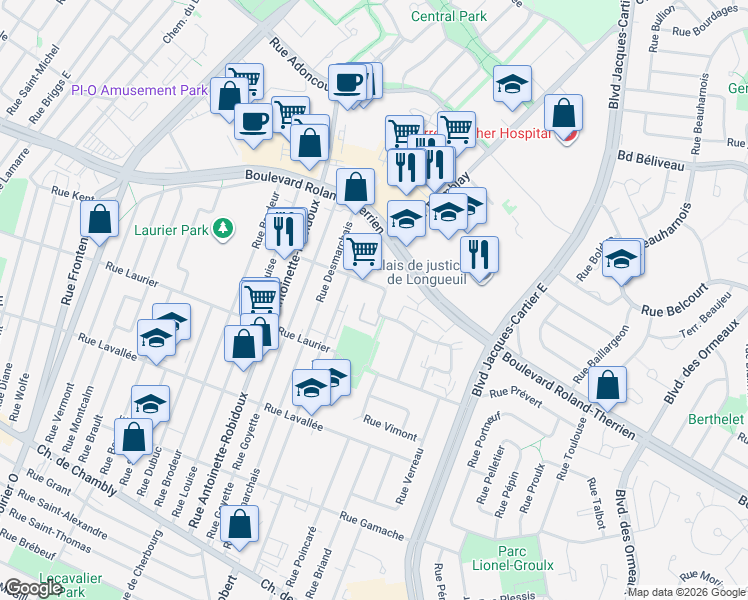 map of restaurants, bars, coffee shops, grocery stores, and more near 2430 Rue Bellerose in Longueuil