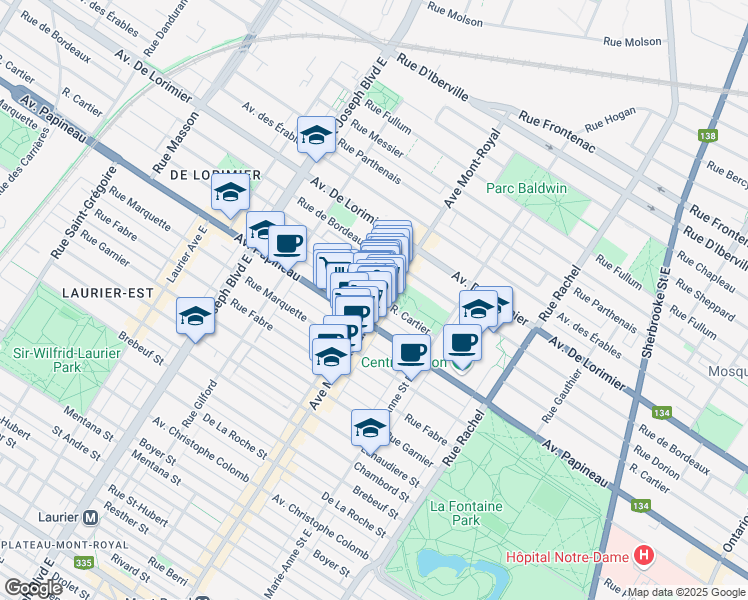 map of restaurants, bars, coffee shops, grocery stores, and more near in Montréal