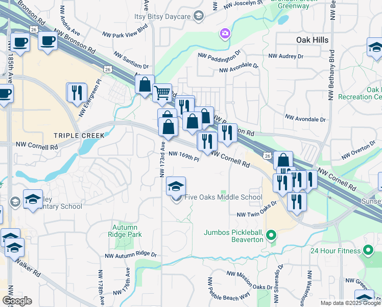 map of restaurants, bars, coffee shops, grocery stores, and more near 17007-17117 Northwest Cornell Road in Beaverton