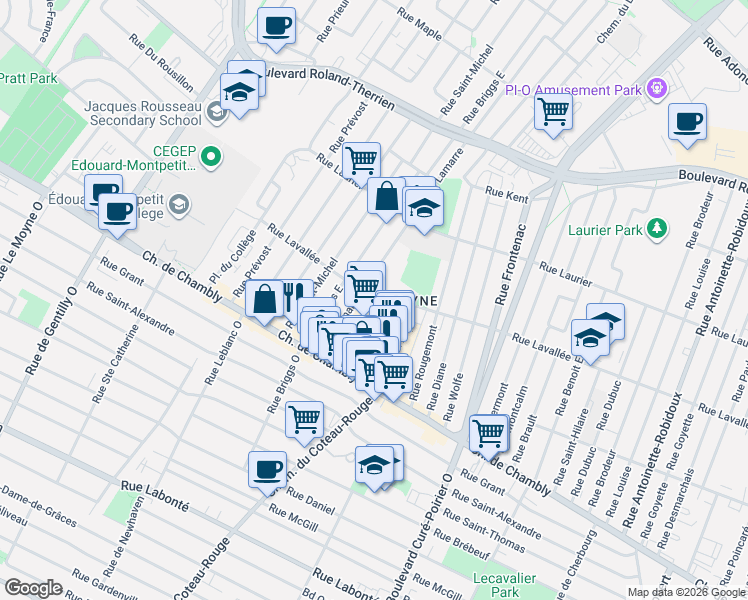 map of restaurants, bars, coffee shops, grocery stores, and more near 1400 Rue Lavallée in Longueuil