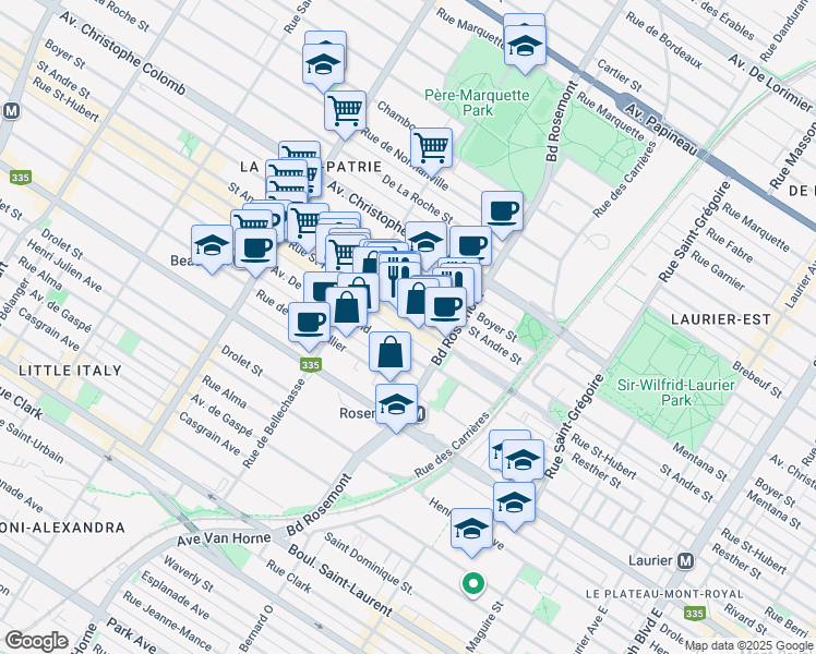 map of restaurants, bars, coffee shops, grocery stores, and more near 5910 Rue Saint-Hubert in Montréal