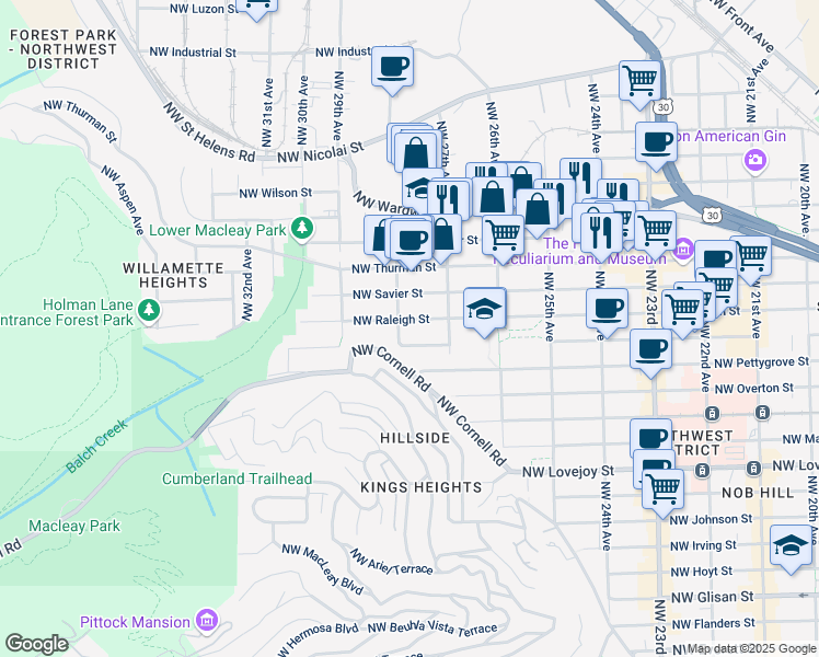 map of restaurants, bars, coffee shops, grocery stores, and more near 2774 Northwest Raleigh Street in Portland