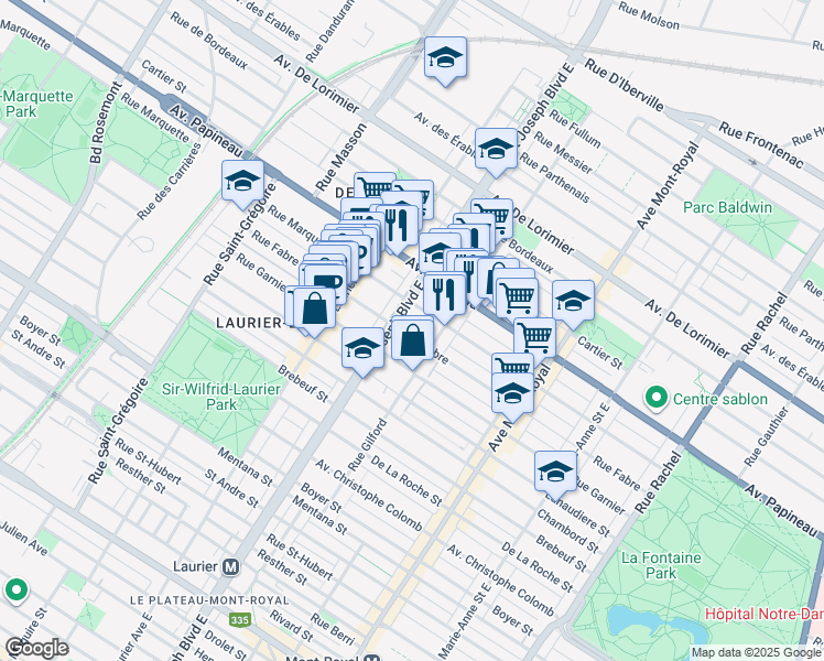 map of restaurants, bars, coffee shops, grocery stores, and more near 4849 Rue Fabre in Montréal