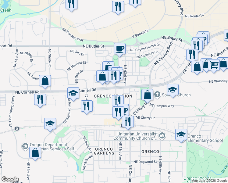 map of restaurants, bars, coffee shops, grocery stores, and more near 6113 Northeast Cornell Road in Hillsboro