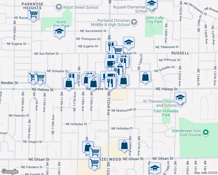 map of restaurants, bars, coffee shops, grocery stores, and more near 12151 Northeast Halsey Street in Portland
