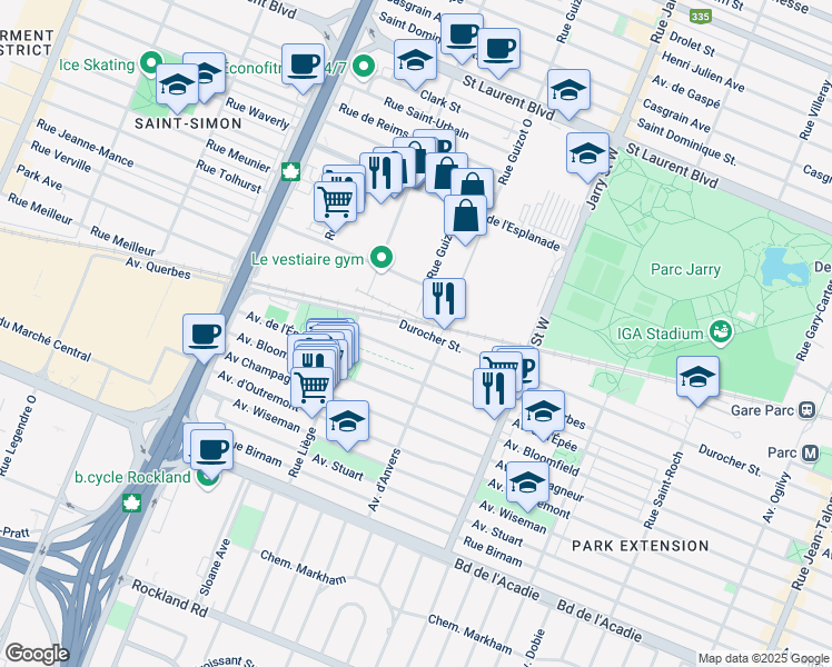 map of restaurants, bars, coffee shops, grocery stores, and more near 8340 Rue Durocher in Montréal