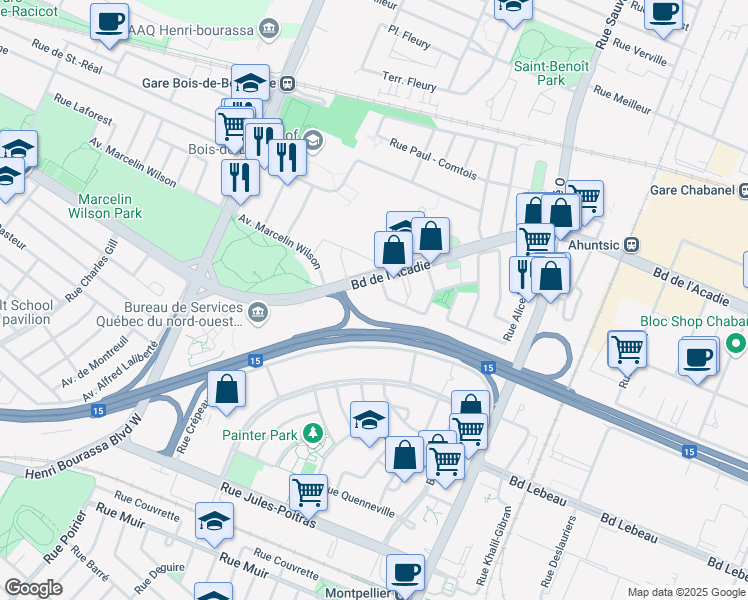 map of restaurants, bars, coffee shops, grocery stores, and more near 2110 Rue Caroline Béique in Montréal