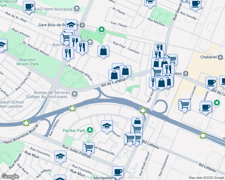 map of restaurants, bars, coffee shops, grocery stores, and more near 2075 Rue Caroline Béique in Montreal