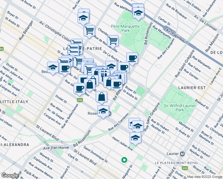 map of restaurants, bars, coffee shops, grocery stores, and more near 5851 Rue Saint-Hubert in Montréal