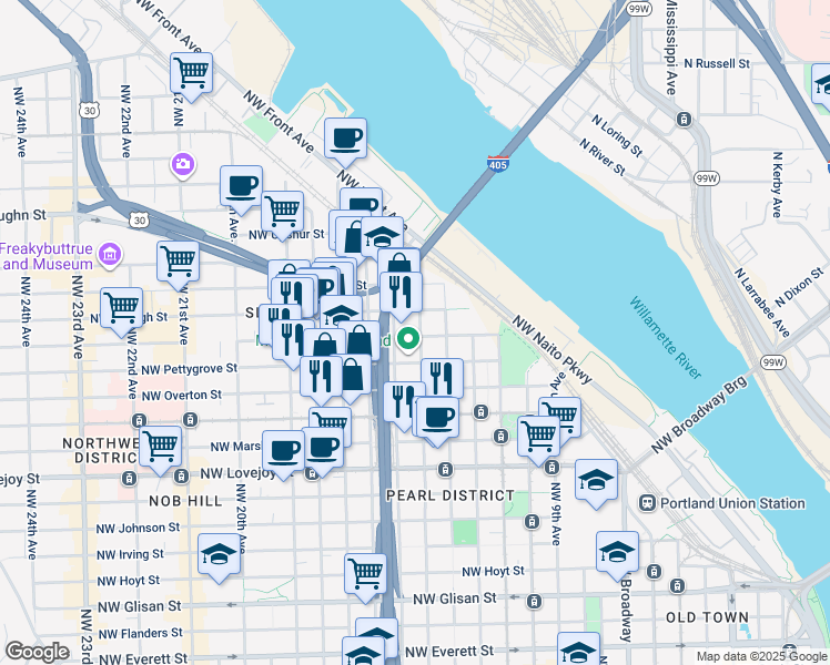 map of restaurants, bars, coffee shops, grocery stores, and more near 1450 Northwest Raleigh Street in Portland