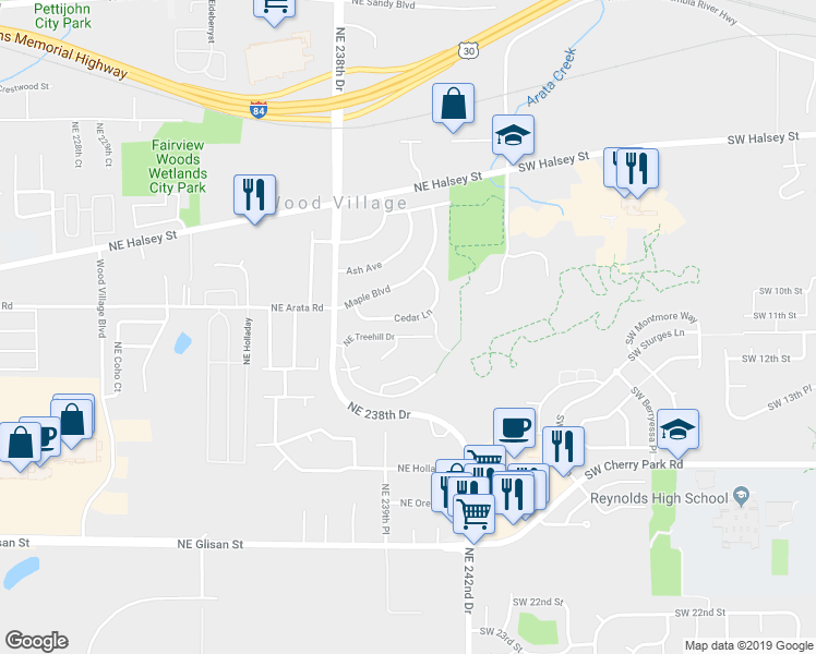 map of restaurants, bars, coffee shops, grocery stores, and more near 123 Cedar Lane in Wood Village
