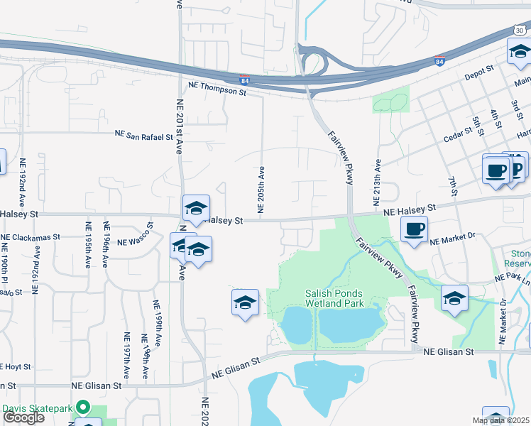 map of restaurants, bars, coffee shops, grocery stores, and more near 20607 Northeast Halsey Street in Fairview