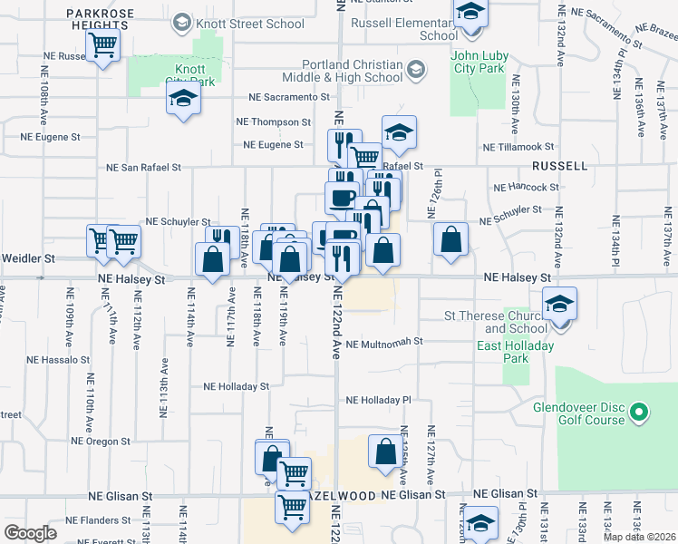 map of restaurants, bars, coffee shops, grocery stores, and more near 12151 Northeast Halsey Street in Portland